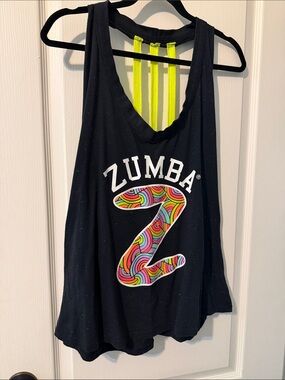 Zumba Fitness Black Tank Top with Neon Yellow Straps and Multicolor Logo